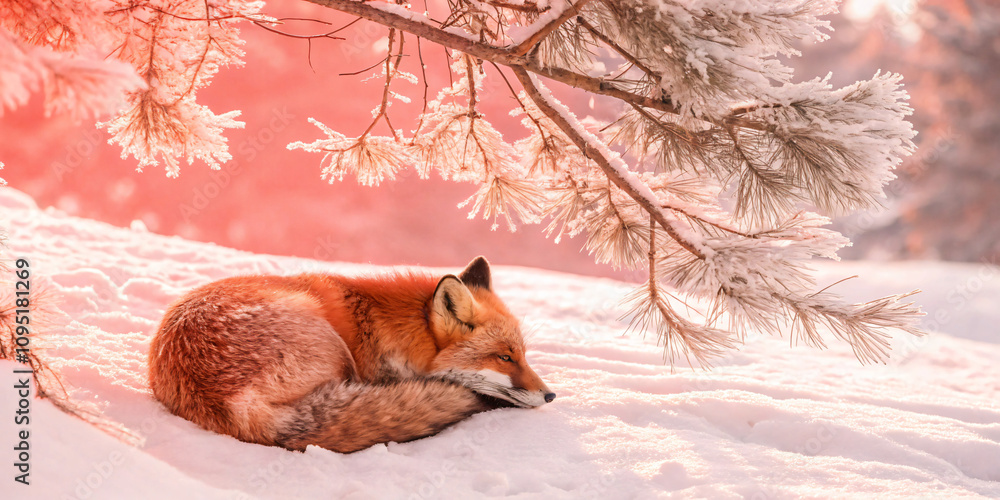 Obraz premium red fox curled up in the snow under a frosted pine tree, soft focus with a warm glow of sunlight