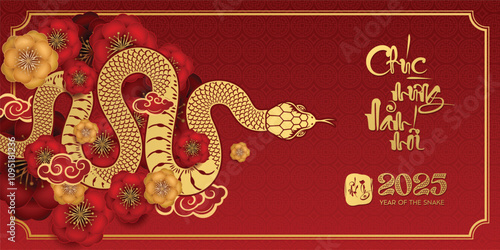 Happy New Year 2025 year of the snake with peach blossom on lucky red background of Vietnamese culture. Happy New Year 2025 zodiac sign snake