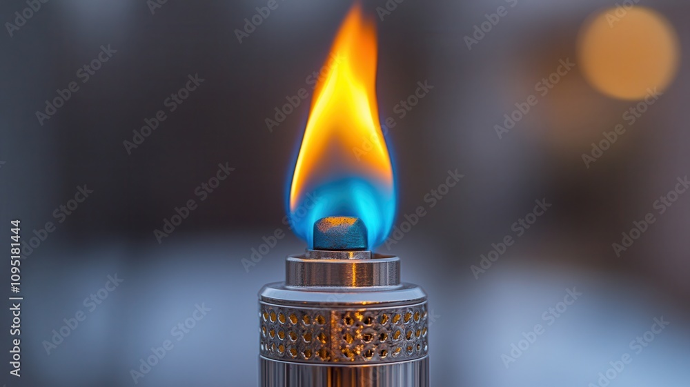 A close-up of a flame emanating from a metallic lighter, showcasing vibrant blue and orange hues against a blurred background. A close-up of a flame emanating from a metallic lighter, showcasing vibrant blue and orange hues against a blurred background.