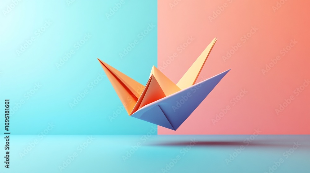 Naklejka premium Vibrant Origami Masterpiece: Colorful 3D Paper Sculpture Floating in Serene Space