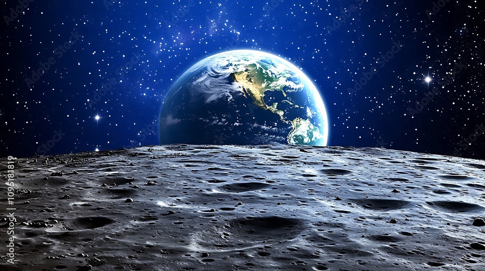 Earth Rising Over a Cratered Lunar Surface Earth Rising Over a Cratered Lunar Surface