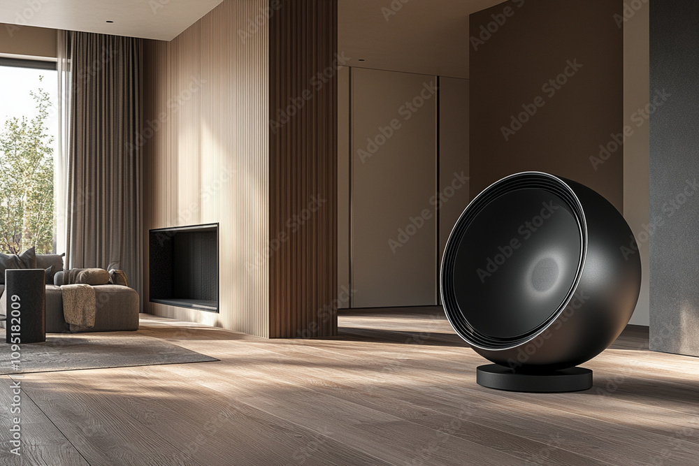 Stylish metallic floor fan on wooden flooring in a modern minimalist interior, showcasing a blend of functionality and sleek design. Stylish metallic floor fan on wooden flooring in a modern minimalist interior, showcasing a blend of functionality and sleek design.