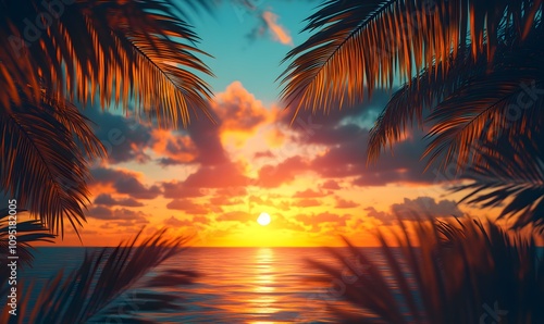 Sunset Silhouettes, Capture the perspective view of palm trees silhouetted against a stunning tropical sunset