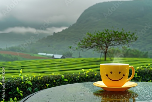 A steaming cup of tea with a smiley face sits on a raindrenched table overlooking a lush green tea plantation. photo