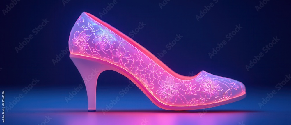 A stylish, illuminated high-heeled shoe with a translucent design and vibrant pink glow against a dark background. A stylish, illuminated high-heeled shoe with a translucent design and vibrant pink glow against a dark background.