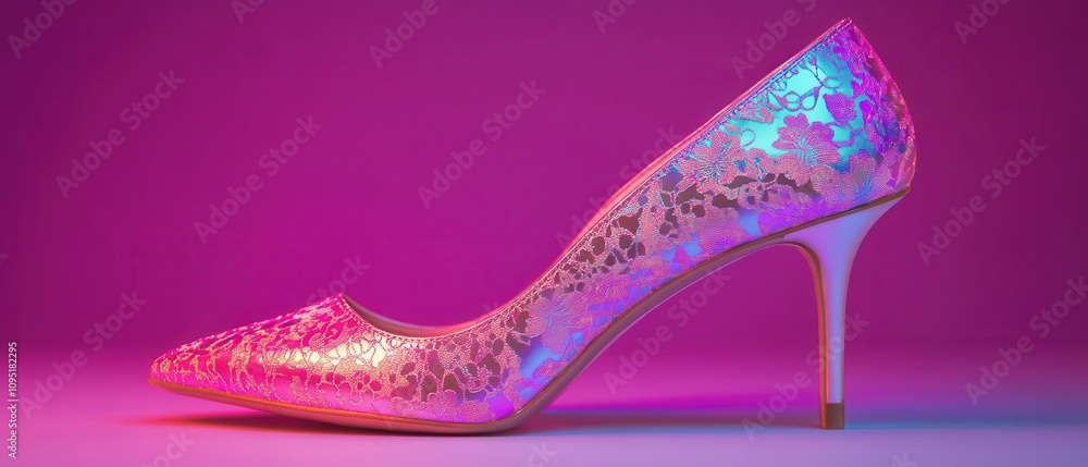A stylish high-heeled shoe with a glossy, colorful finish, beautifully illuminated against a vibrant pink background. A stylish high-heeled shoe with a glossy, colorful finish, beautifully illuminated against a vibrant pink background.