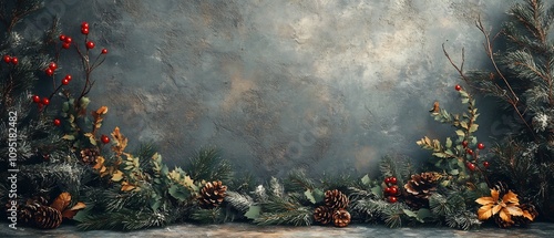 Festive winter backdrop featuring a natural arrangement of evergreen branches pine cones and other rustic holiday accents  The moody cozy scene creates a beautiful setting for seasonal photoshoots photo