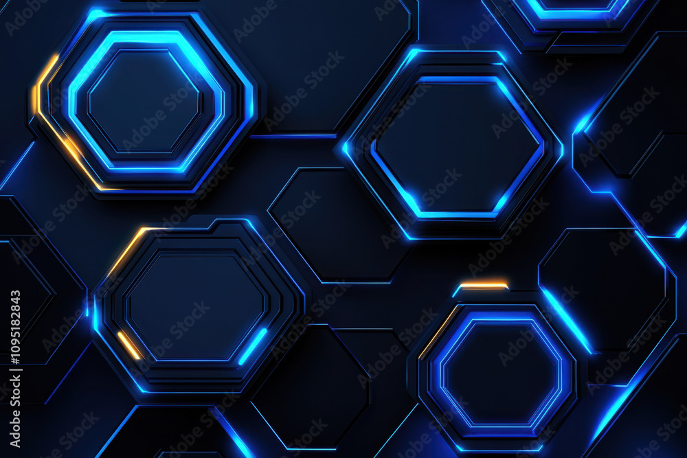 Abstract design featuring illuminated hexagonal shapes on a dark background. Abstract design featuring illuminated hexagonal shapes on a dark background.