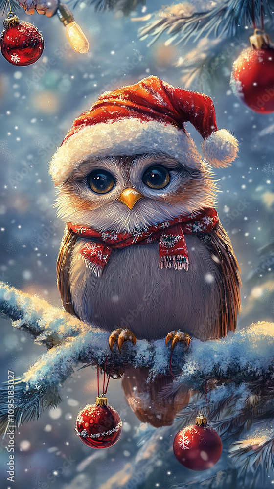an owl in a red Christmas hat with white fur sits on a snow-covered pine branch. Background decorated with festive elements an owl in a red Christmas hat with white fur sits on a snow-covered pine branch. Background decorated with festive elements