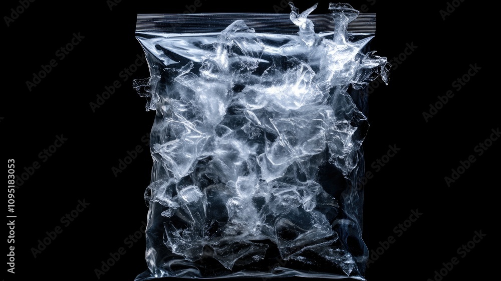 A transparent plastic bag filled with crumpled, translucent material, resembling ice or water. A transparent plastic bag filled with crumpled, translucent material, resembling ice or water.