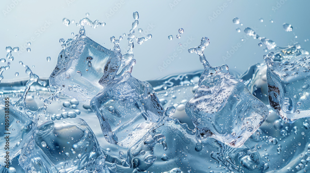 An abstract illustration of ice, with its transparent, clear cubes and flowing waves. liquid splash with frozen ice An abstract illustration of ice, with its transparent, clear cubes and flowing waves. liquid splash with frozen ice