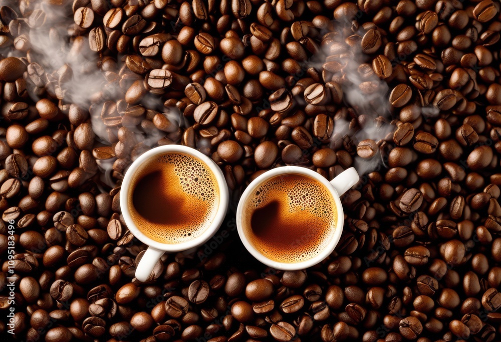 Fototapeta premium close steaming coffee cups surrounded vibrant coffee beans rich colors textures cozy setting, aroma, beverage, blend, brown, delicious, design, drinking