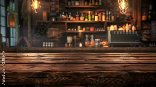 A cozy bar scene featuring a wooden counter and shelves filled with various bottles, illuminated by hanging lights.