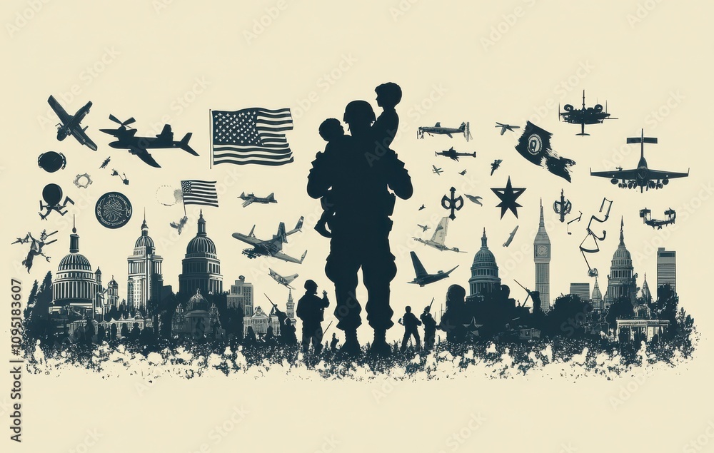 Obraz premium Silhouette of soldier carrying child with American flag background