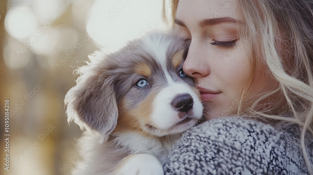 A young woman smiles as she holds her adorable puppy in the park A young woman smiles as she holds her adorable puppy in the park