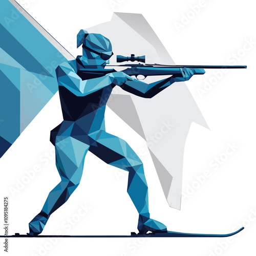Abstract low-poly biathlete aiming with a rifle in a winter sports action scene
