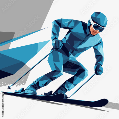 Abstract low-poly skier carving down the slope in a thrilling winter sports action scene