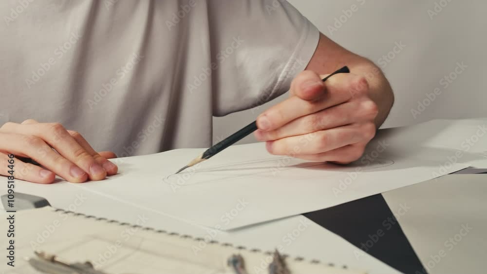 Young man artist is drawing buildings by pencil on white paper close-up. The architect making sketches for the projection of the building. Drawing and sketching lessons Young man artist is drawing buildings by pencil on white paper close-up. The architect making sketches for the projection of the building. Drawing and sketching lessons