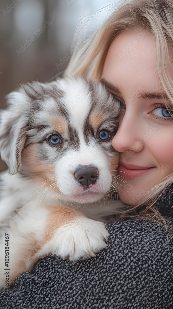 A young woman smiles as she holds her adorable puppy in the park A young woman smiles as she holds her adorable puppy in the park