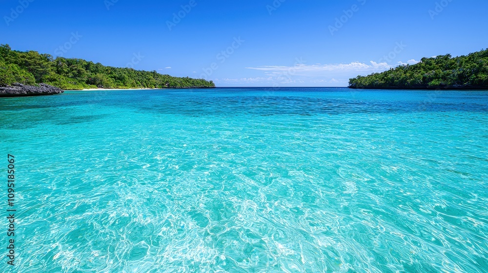 Fototapeta premium Idyllic Tropical Island Beach Turquoise Water Lush Greenery Panoramic View
