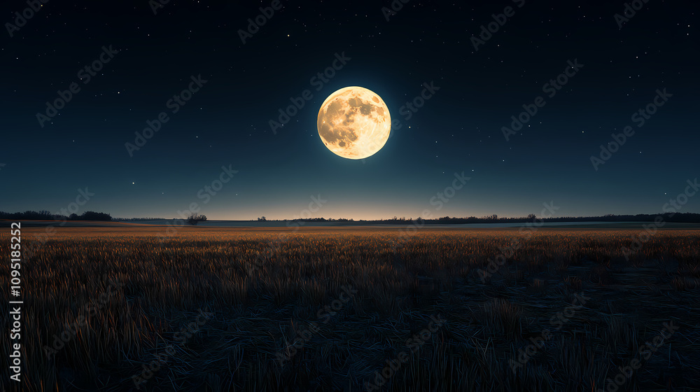Fototapeta premium Full moon rising over the horizon in a rural field. Aurora Skylight Horizon. Illustration