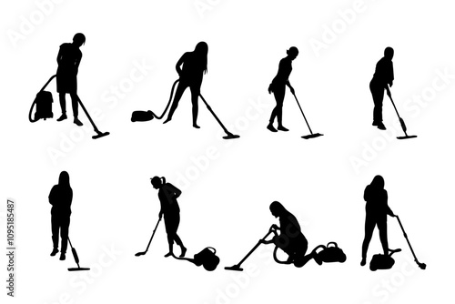 Home cleaner women vector set. Vector illustration with image of house cleaning by woman vacuuming.