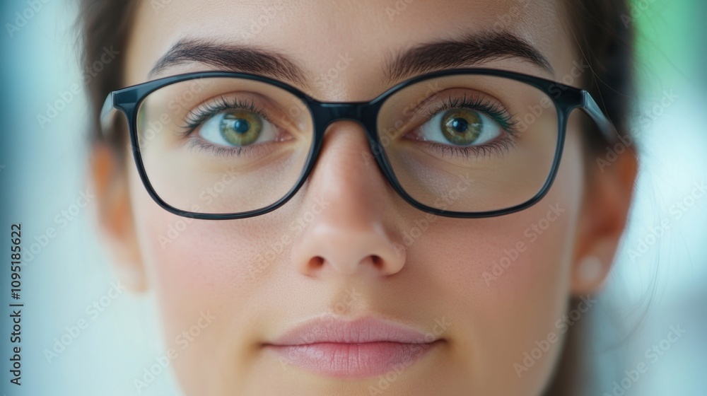 Close-up portrait of a woman wearing black glasses, focusing on her green eyes Close-up portrait of a woman wearing black glasses, focusing on her green eyes
