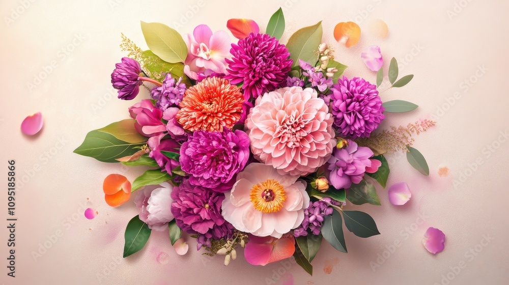 Obraz premium A vibrant bouquet showcases an array of flowers in shades of purple, pink, and cream. The delicate petals create a stunning display, illuminated by gentle light, enhancing the colors.