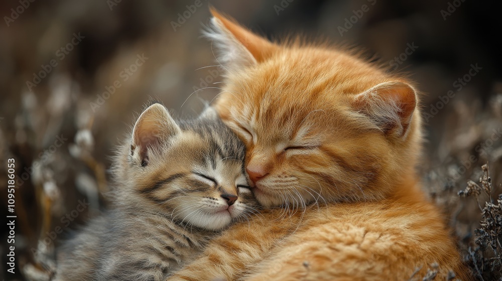 A heartwarming image capturing a tender moment between two sleeping kittens, with one ginger and one tabby, nestled together in a peaceful embrace amidst a blurred background A heartwarming image capturing a tender moment between two sleeping kittens, with one ginger and one tabby, nestled together in a peaceful embrace amidst a blurred background