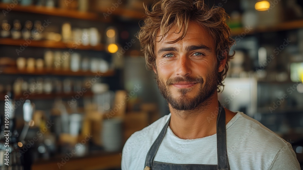 A smiling man wearing a casual t-shirt and apron stands in a cozy coffee shop interior filled with warm lighting and neatly arranged shelves A smiling man wearing a casual t-shirt and apron stands in a cozy coffee shop interior filled with warm lighting and neatly arranged shelves