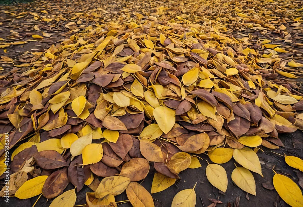 A pile of autumn leaves on the ground with a forest in the background A pile of autumn leaves on the ground with a forest in the background