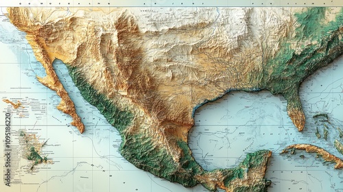 Detailed Topographical Map of Mexico Showing Terrain and Coastline