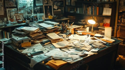 A messy wooden desk with stacks of books, papers, and writing utensils in a dimly lit room.