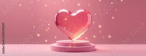 Glass pink transparent heart with sequins. Festive gold bokeh. Monochrome pink background. Valentine's Day concept. Copy space