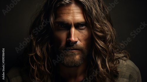 Realistic portrait of jesus christ depicted against a dark background, highlighting his expression.