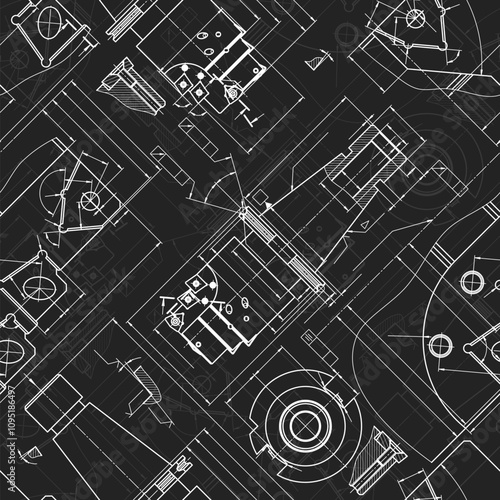 Mechanical engineering drawings on black background. Tap tools, borer. Technical Design. Cover. Blueprint. Seamless pattern. Vector illustration.