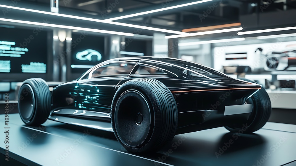 A futuristic car model showcased with virtual reality technology in a modern exhibition space, highlighting innovation and advanced automotive design A futuristic car model showcased with virtual reality technology in a modern exhibition space, highlighting innovation and advanced automotive design
