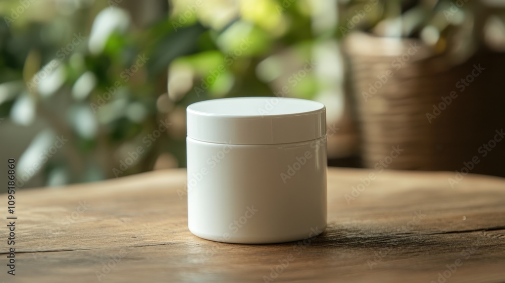 White cylindrical cosmetic jar placed on a wooden table with green blurred plants in the background White cylindrical cosmetic jar placed on a wooden table with green blurred plants in the background