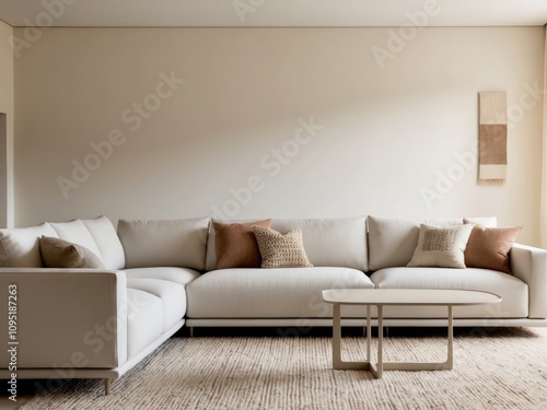 Cozy living room interior featuring a modern couch with decorative pillows and a stylish rug. photo