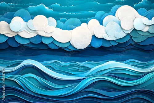 3D illustration of ocean waves and surreal ocean with abstract sea patterns in blue water and flowing waves creating artistic movement