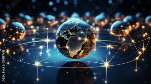 Concept of internet and telecommunications with globe and satellite orbits on dark background