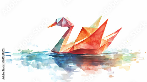 Fototapeta Naklejka Na Ścianę i Meble -  Watercolor painting of an origami swan floating on a pond, on isolated white background. Colorful Origami Swans. Illustration