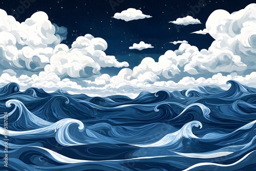 3D illustration of ocean waves and surreal ocean with abstract sea patterns in blue water and flowing waves creating artistic movement