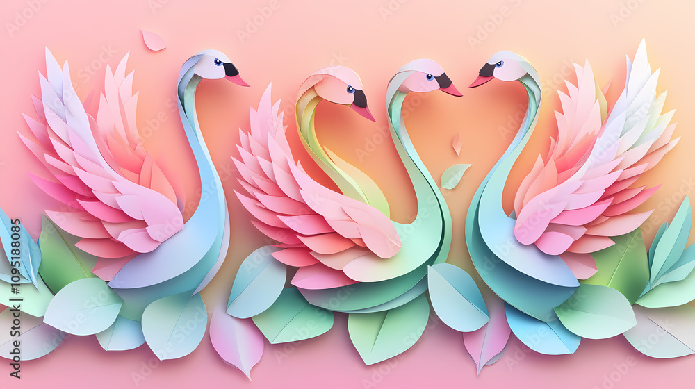 Multilayered paper cut origami swans in soft hues, forming an elegant decoration, paper cut swan, origami nature design. Colorful Origami Swans. Illustration Multilayered paper cut origami swans in soft hues, forming an elegant decoration, paper cut swan, origami nature design. Colorful Origami Swans. Illustration