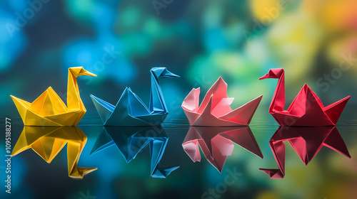 Four colorful origami figures including a swan boat and bird reflect in a shiny surface. Colorful Origami Swans. Illustration photo