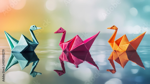 Four colorful origami figures including a swan boat and bird reflect in a shiny surface. Colorful Origami Swans. Illustration photo