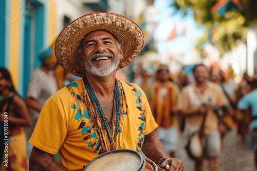 Brazilian musician playing samba music at carnival parade in pelourinho, salvador, bahia photo