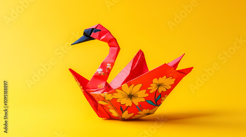 Fototapeta Naklejka Na Ścianę i Meble -  A red origami swan with floral design on yellow background. Colorful Origami Swans. Illustration