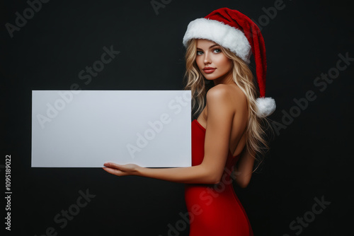 A festive woman wearing a red santa christmas hat holding a large blank promotional sign photo