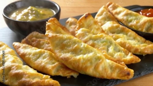 Cinematic Close-Up of Golden Crispy Samosas on Slate Board with Vibrant Chutney and Tamarind Sauce